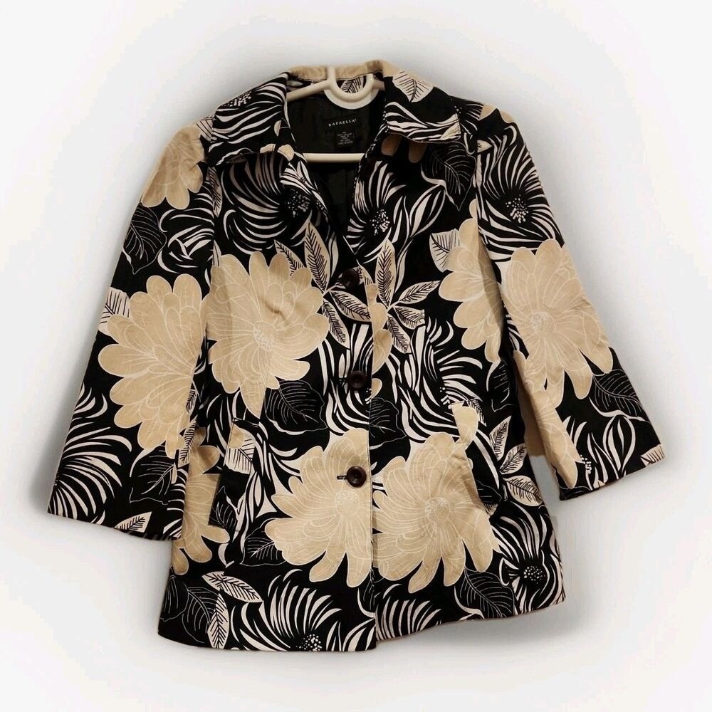Rafaella Floral Jacket Womens Size 14 Black Beige Cotton Professional Classic